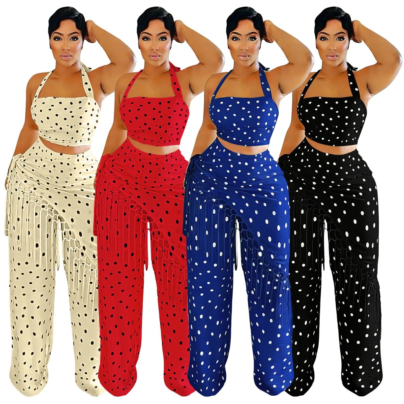 New Polka Dot Print Halter Neck Backless Tube Top Tassel Long Pants Set — image 1 of 8