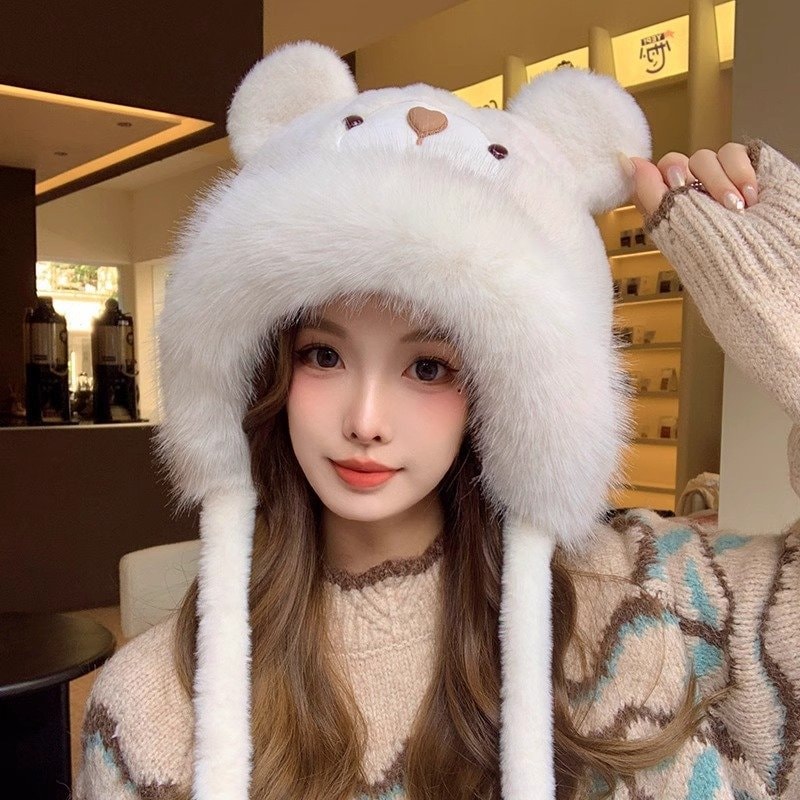 Autumn and Winter Cute Bear Plush Versatile Ear-Protecting Hooded Hat for Women, Thickened Pullover Cold-Proof and Warm Thickened Hat — image 1 of 12