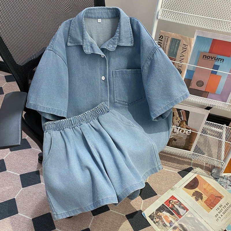 Summer Extra-Large Size 150kg Retro Sweet and Spicy Style Denim Two-Piece Set — image 1 of 5