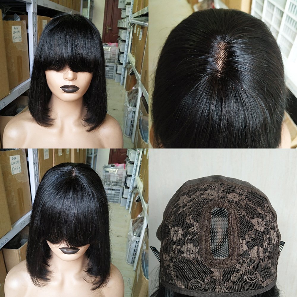 real human hair simulation fake scalp straight bangs wave head 2x1 lace bob wig fringe wigs — image 1 of 6
