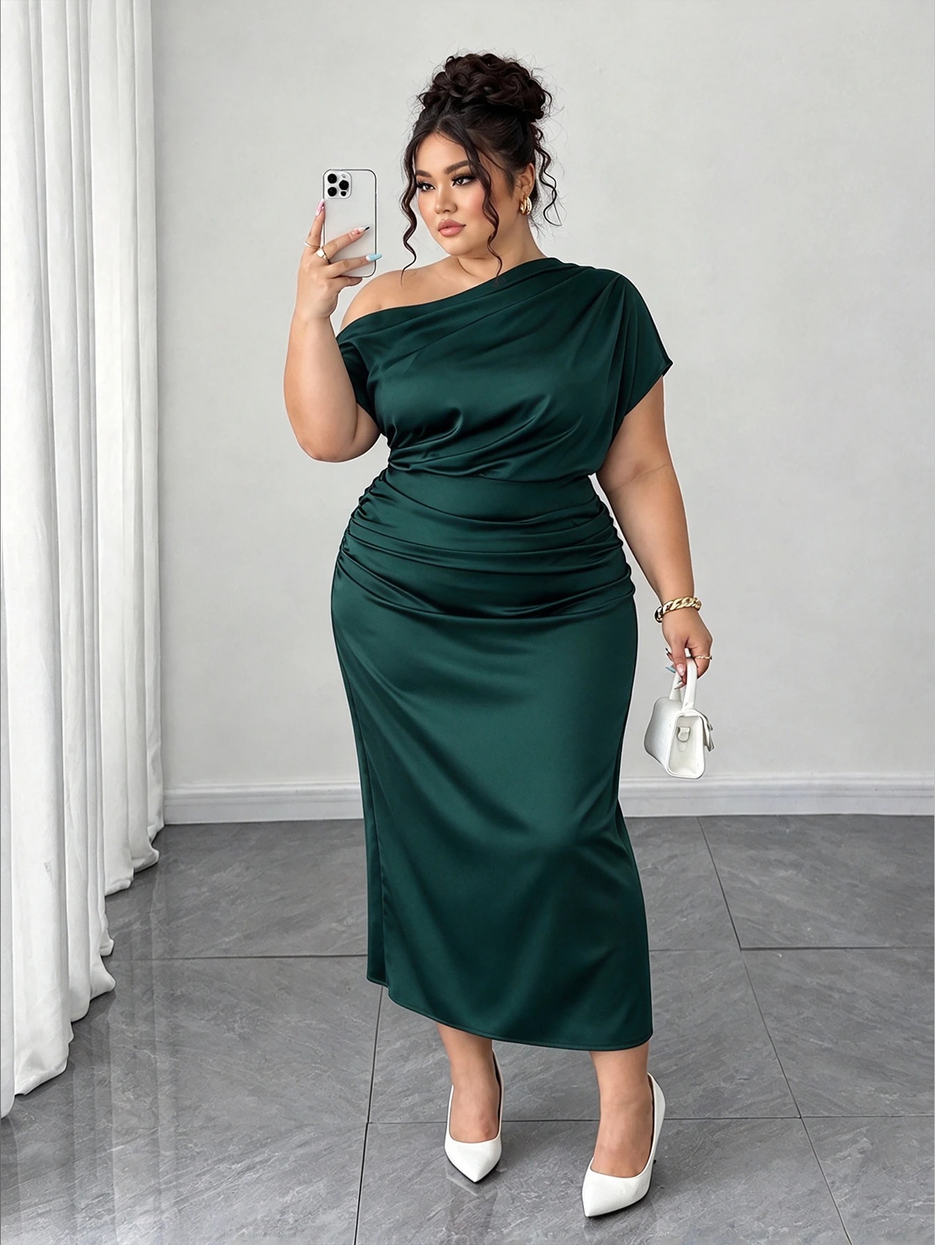 Plus Size Women Satin Draped Neck Asymmetric Ruched Waist Slim A-Line Dress, Summer — image 1 of 13