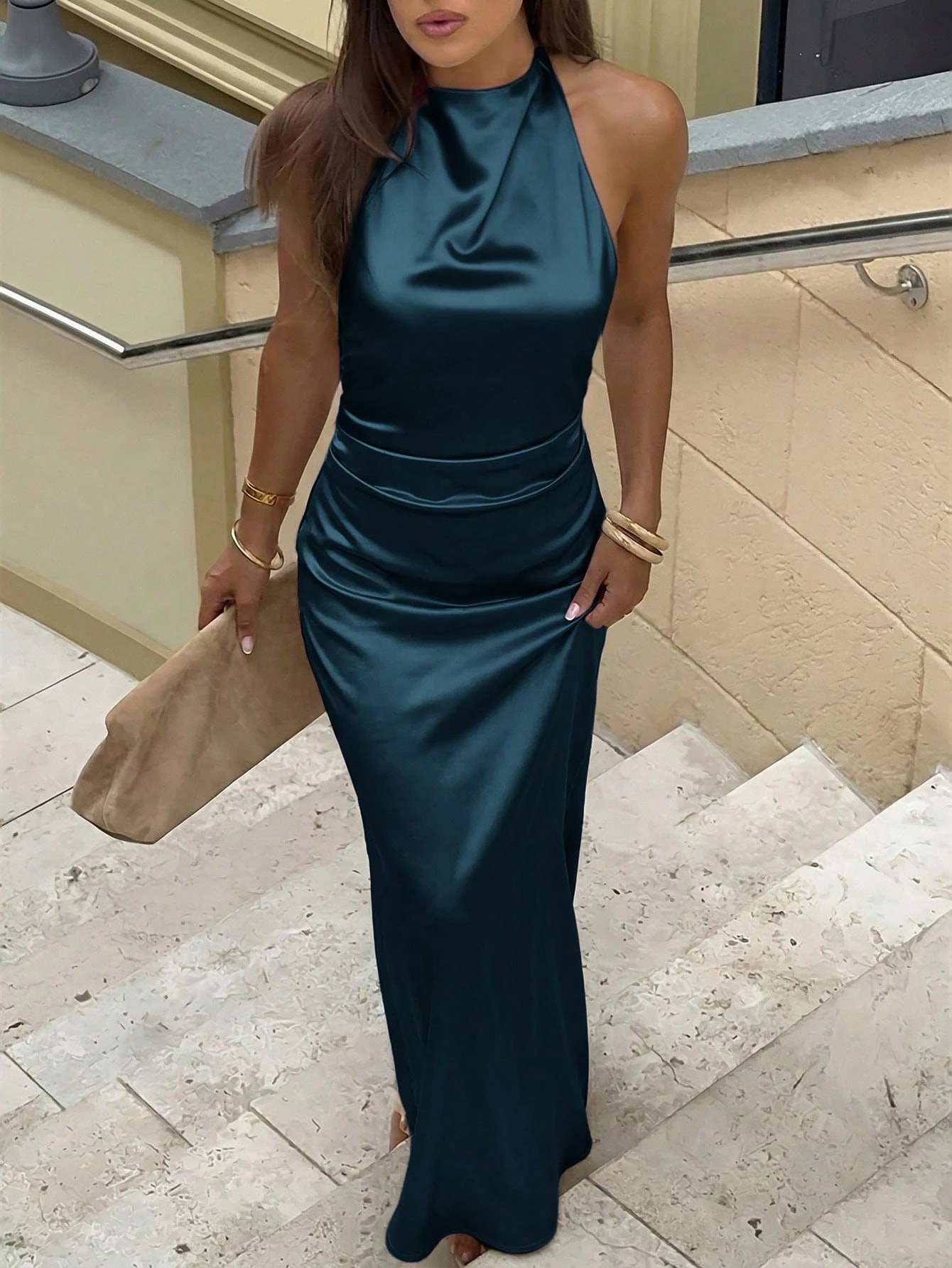 Women's Dark Teal Draped Neck Tie-Waist Backless Dress, Spring/Summer Party Night,Wedding Guest,Graduation Dress — image 1 of 6