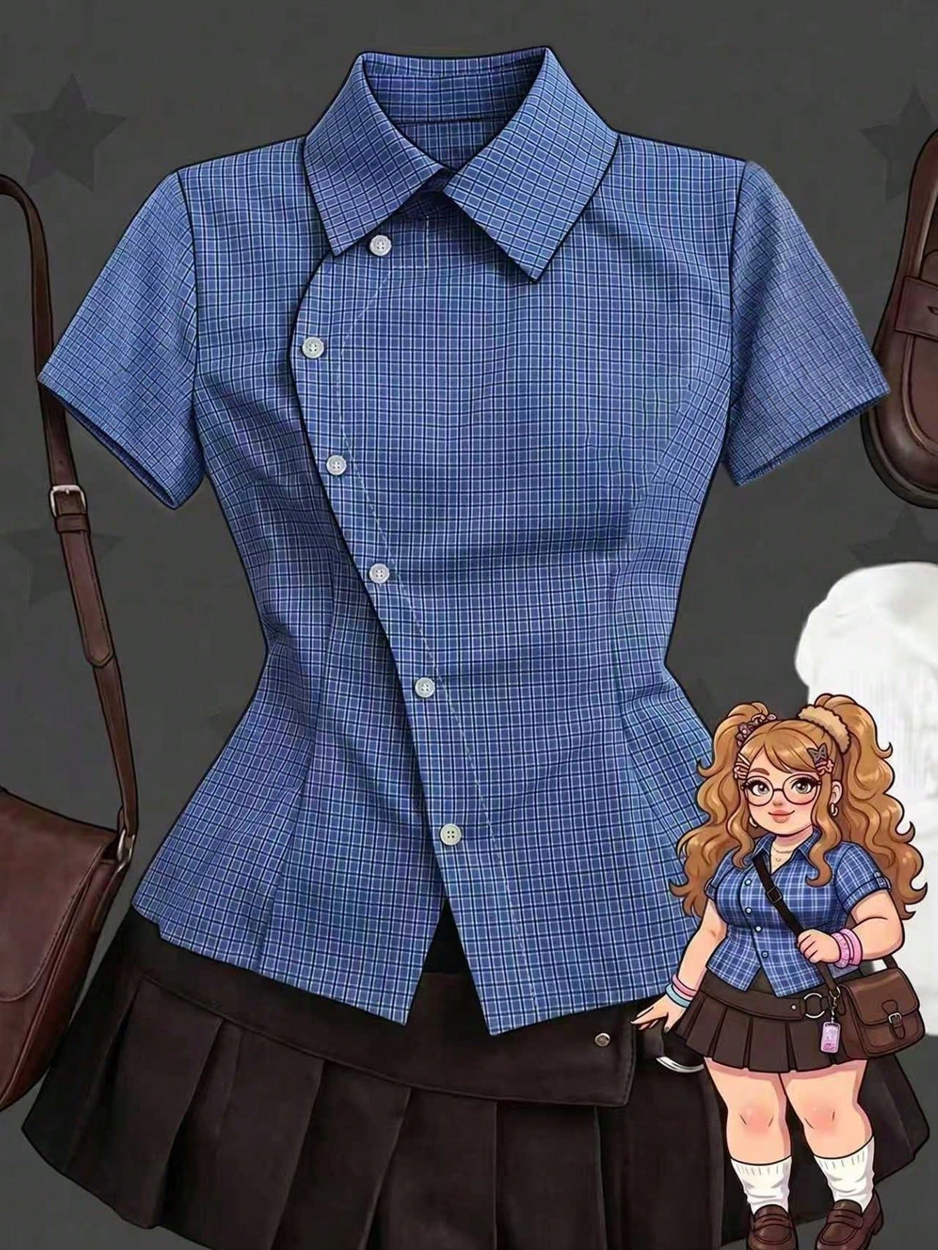 Sunspun Plus Size Spring Summer Asymmetrical Collar Short Sleeve Plaid Shirt — image 1 of 10