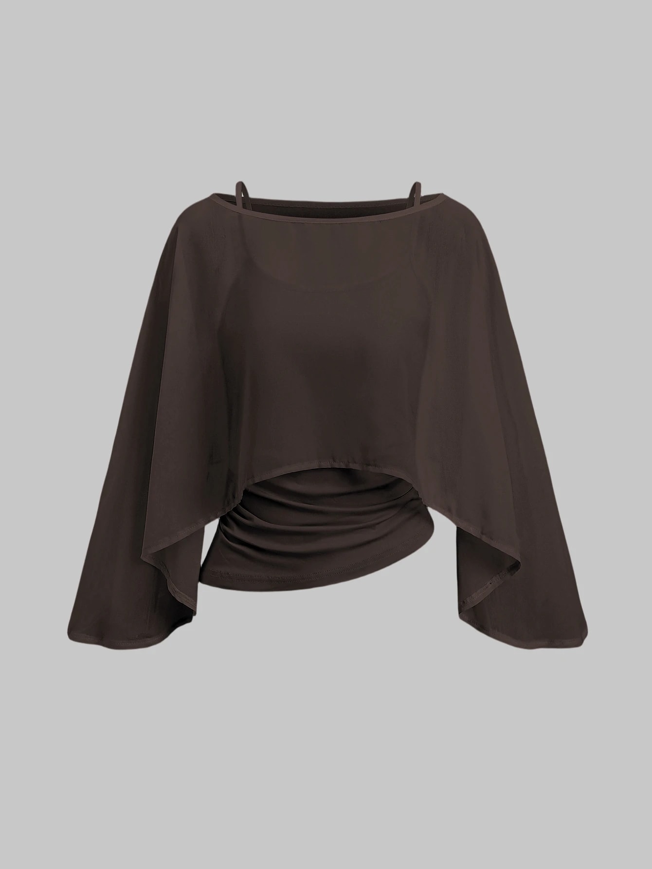 Chiffon Cape Set With Boat Neck, Flowy Outer Layer And Elastic Ruched Waist Cami Inner, Elegant Beige Outfit For Office Commute, Casual Wear And Dating — image 1 of 3