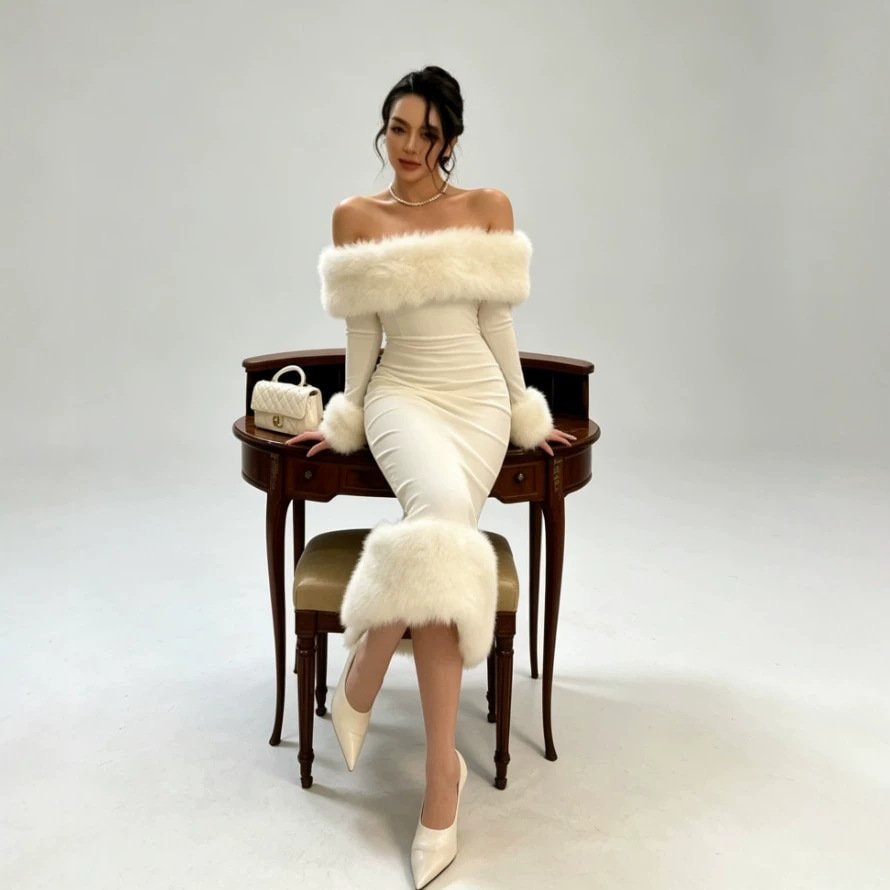 French-Inspired Off-Shoulder Dress with Fur Collar | Stretch Knit, Figure-Flattering Midi Mermaid Party Dress — image 1 of 8