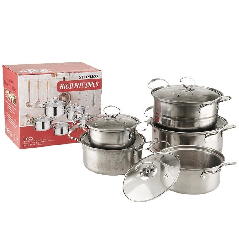 Stainless Steel 10-Piece Cookware Set: Pots, Saucepan & Milk Pot, Stainless Steel Line-Handle Pipe-Handle Set, Gift Cookware Set — image 1 of 15