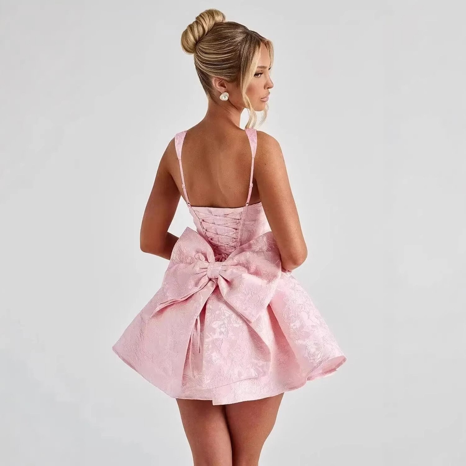 Jacquard Mini Party Dress for Women, Square Neck, Wide Straps, and Flared Skirt — image 1 of 12