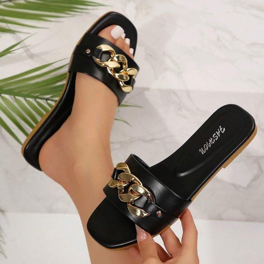 Slippers Classic Chic Versatile Solid Color Metallic-Trim Square-Toe Flat Sandals — image 1 of 3