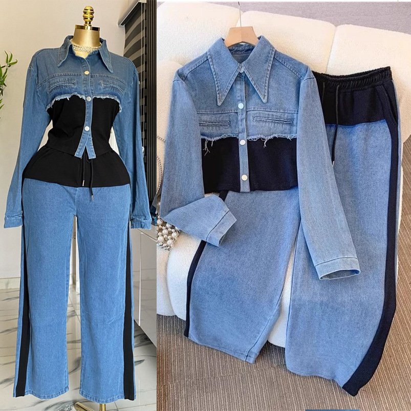 Denim Color-Block Fashion Casual Set Spring & Autumn – Long-Sleeve Top + Wide-Leg Pants 2-Piece Outfit — image 1 of 9