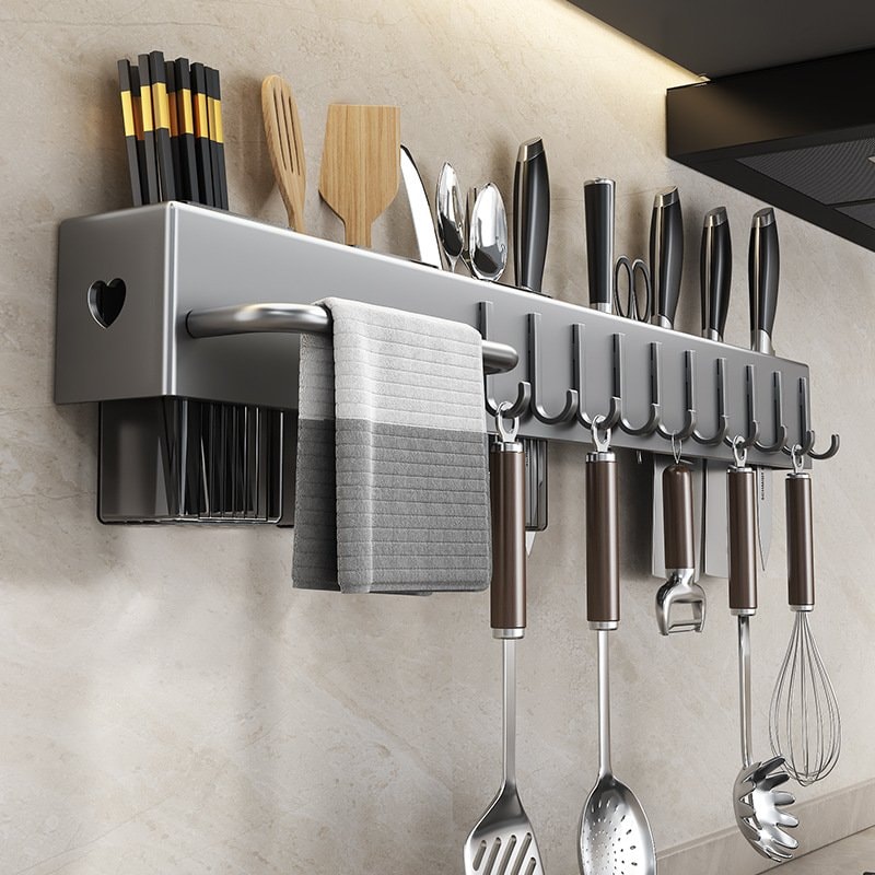 No-Drill Kitchen Wall-Mounted Storage Rack—Multifunction Knife Holder & Chopstick/Cutlery Organizer Integrated — image 1 of 12