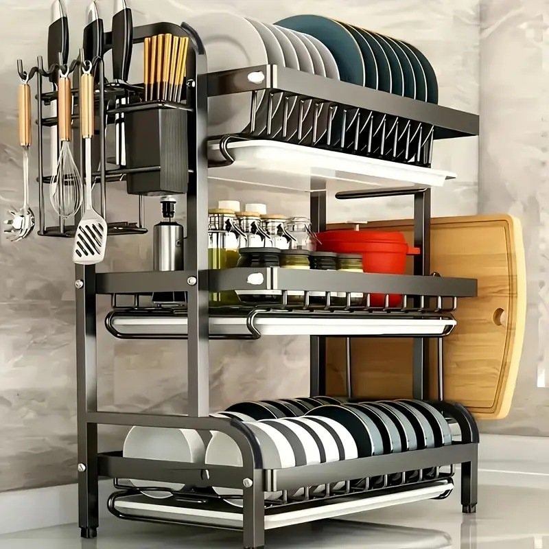 Multi-Layer Kitchen Countertop Storage Rack for Plates, Bowls & Dishes with Draining Tray — image 1 of 9